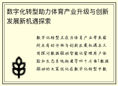 数字化转型助力体育产业升级与创新发展新机遇探索