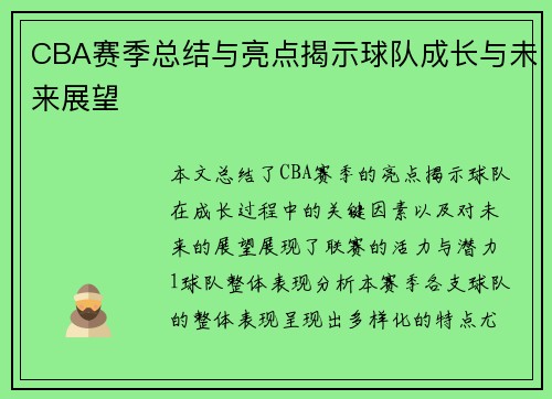 CBA赛季总结与亮点揭示球队成长与未来展望