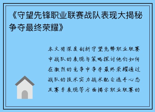 《守望先锋职业联赛战队表现大揭秘争夺最终荣耀》